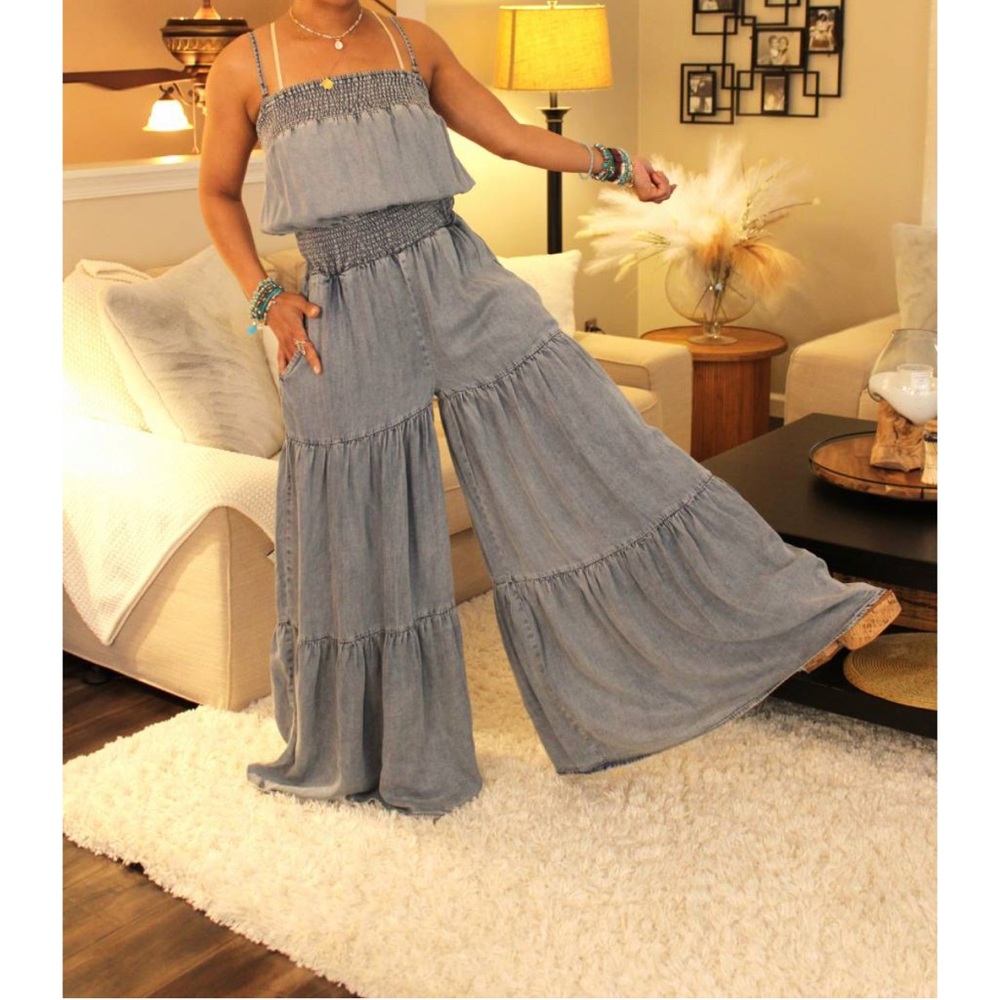 SOLD OUT EVERYWHERE! Soft Denim Blue Wide-Leg Ruffle Leg Jumpsuit.. it’s a vibe